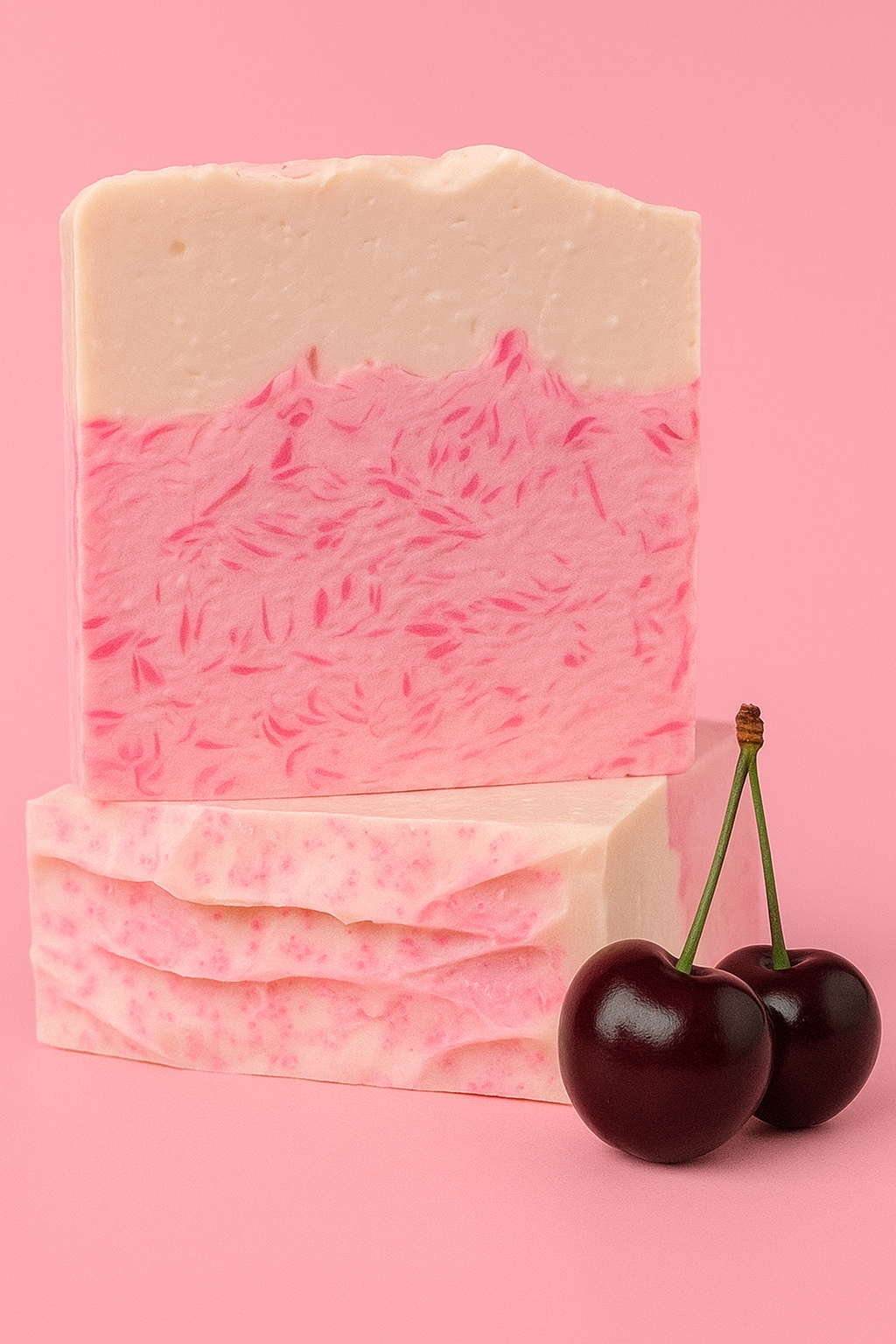 Alt Text: Handmade Black Cherry Swirl Cold Process Soap with pink and cream layers, paired with glossy black cherries on a pink backdrop.