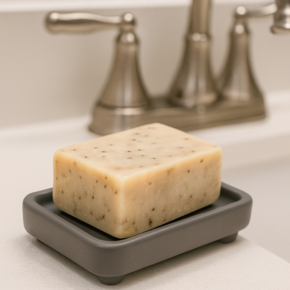 Artisan soap with natural exfoliants on a high-end bathroom sink next to polished nickel faucet.